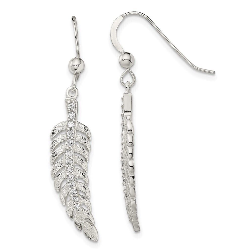 Kazi Luxury Sterling Silver Textured CZ Feather Shepherd Hook Earrings